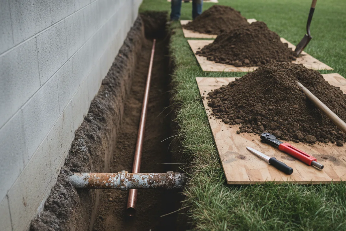 Excavated water line trench during Sewer Line Repair in Southgate